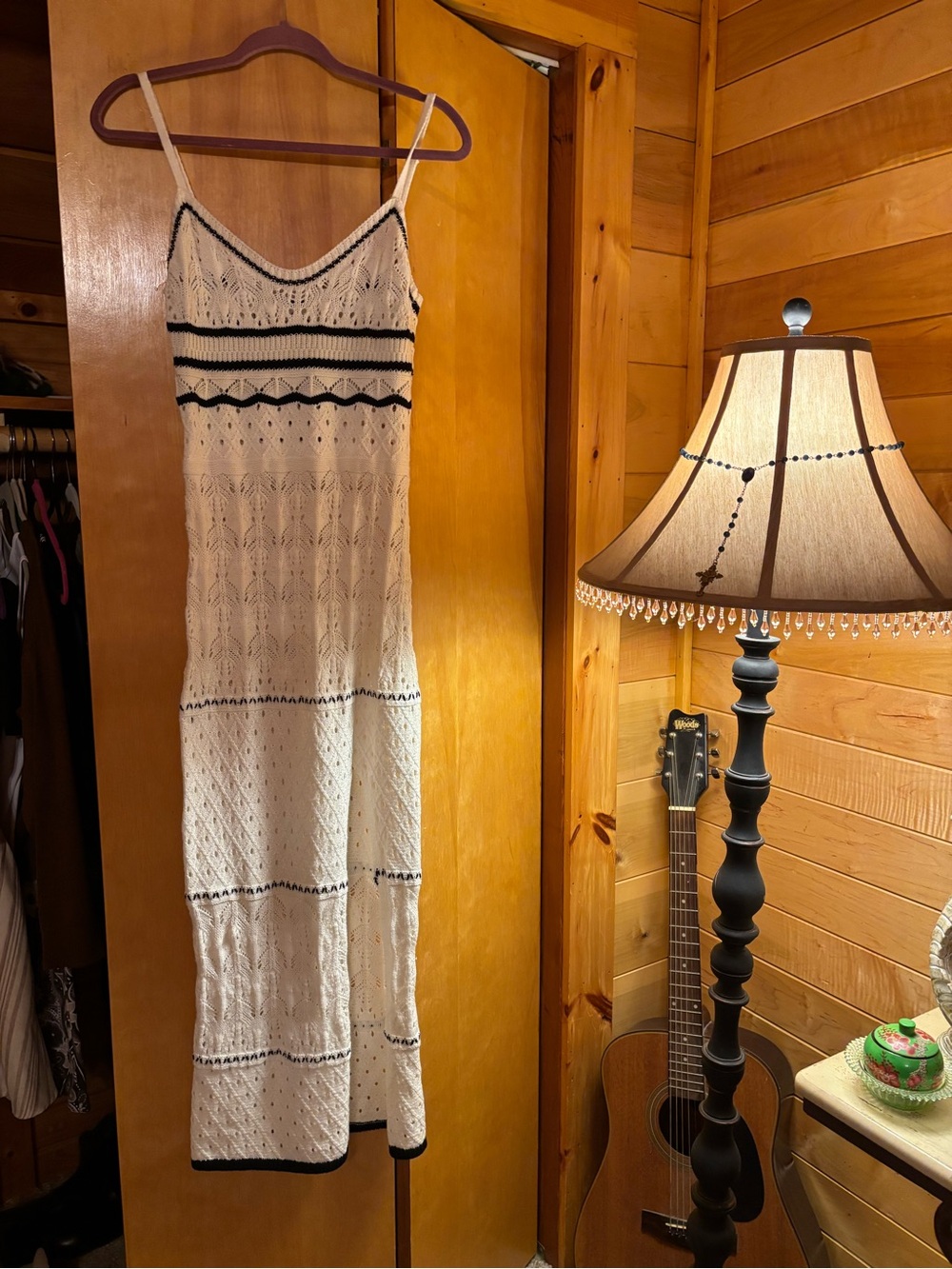 Cream Crochet Maxi Dress with Black Trim - Women's Spaghetti Strap Maxi
